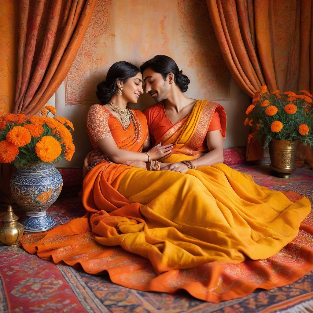 A serene Indian landscape blending traditional motifs with intimate elements, depicting a couple in a gentle embrace surrounded by rich textiles and vibrant marigolds, symbolizing love and connection. Soft dim lighting enhances the romantic atmosphere, with intricate henna patterns subtly visible on their skin. Emphasize cultural artifacts like vibrant saris and brass oil lamps in the background. warm colors. painting. whimsical style.