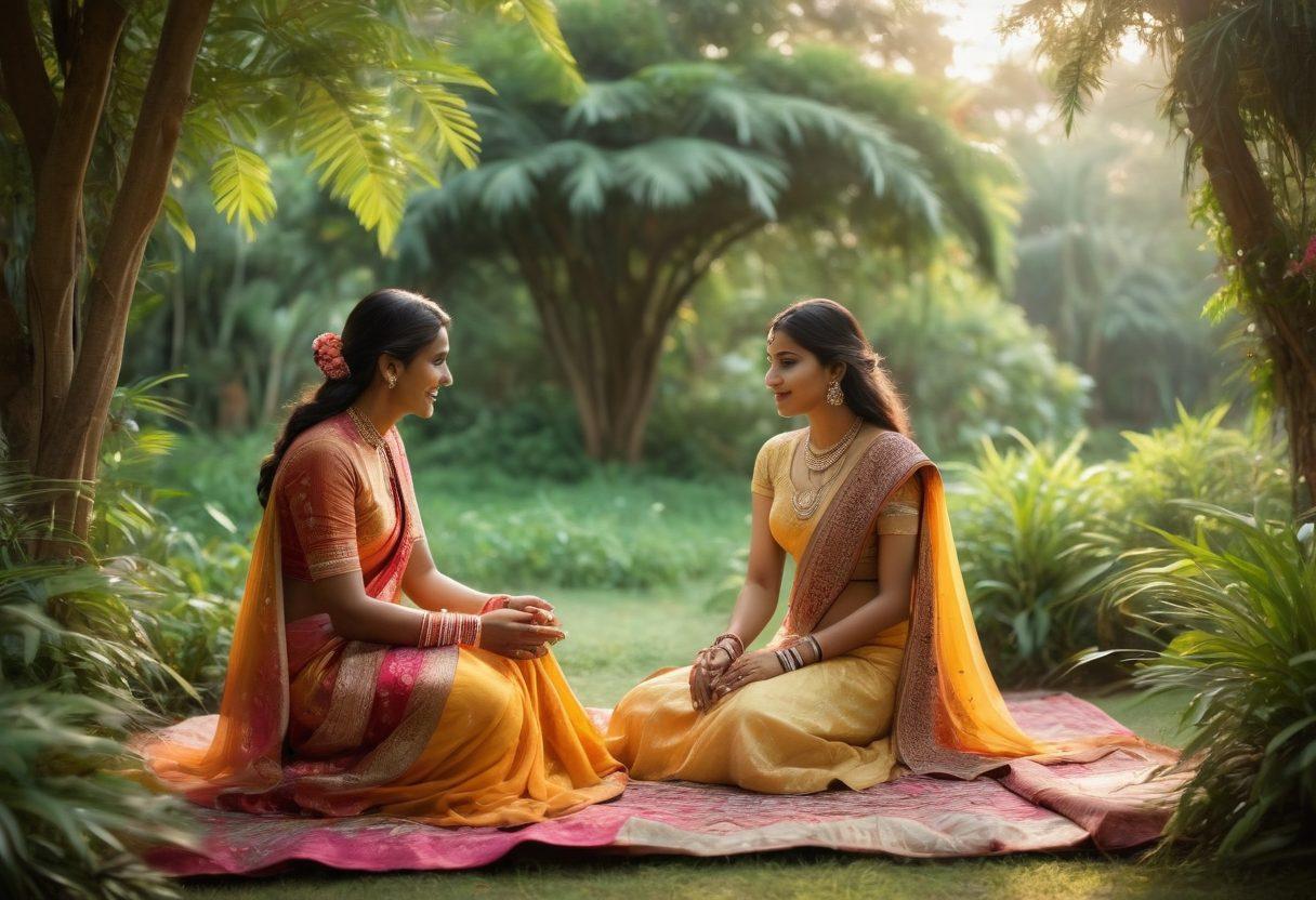 A captivating scene depicting a lush, serene Indian landscape with vibrant tropical flowers and soft sunlight filtering through the trees. In the foreground, a couple is engaged in an intimate conversation, portraying sensuality and connection. Rich textiles and traditional patterns adorn their attire, highlighting the essence of Indian culture. The atmosphere is dreamy and inviting, evoking a sense of romance and storytelling. pastel colors. soft focus.