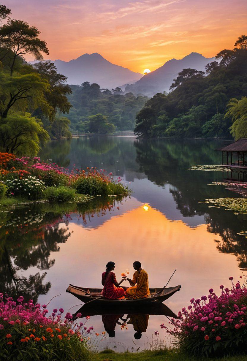 A lush, vibrant Indian landscape with a serene lake reflecting a sunset, surrounded by lush green hills and colorful flowers. In the foreground, a beautifully decorated traditional diary sits open, with intricate patterns and flowing script, alongside a delicate aromatic incense holder. Silhouettes of couples gently embracing in the background, symbolizing desire and connection. Emphasize warm hues of orange, pink, and gold to evoke a sense of intimacy. super-realistic. vibrant colors.